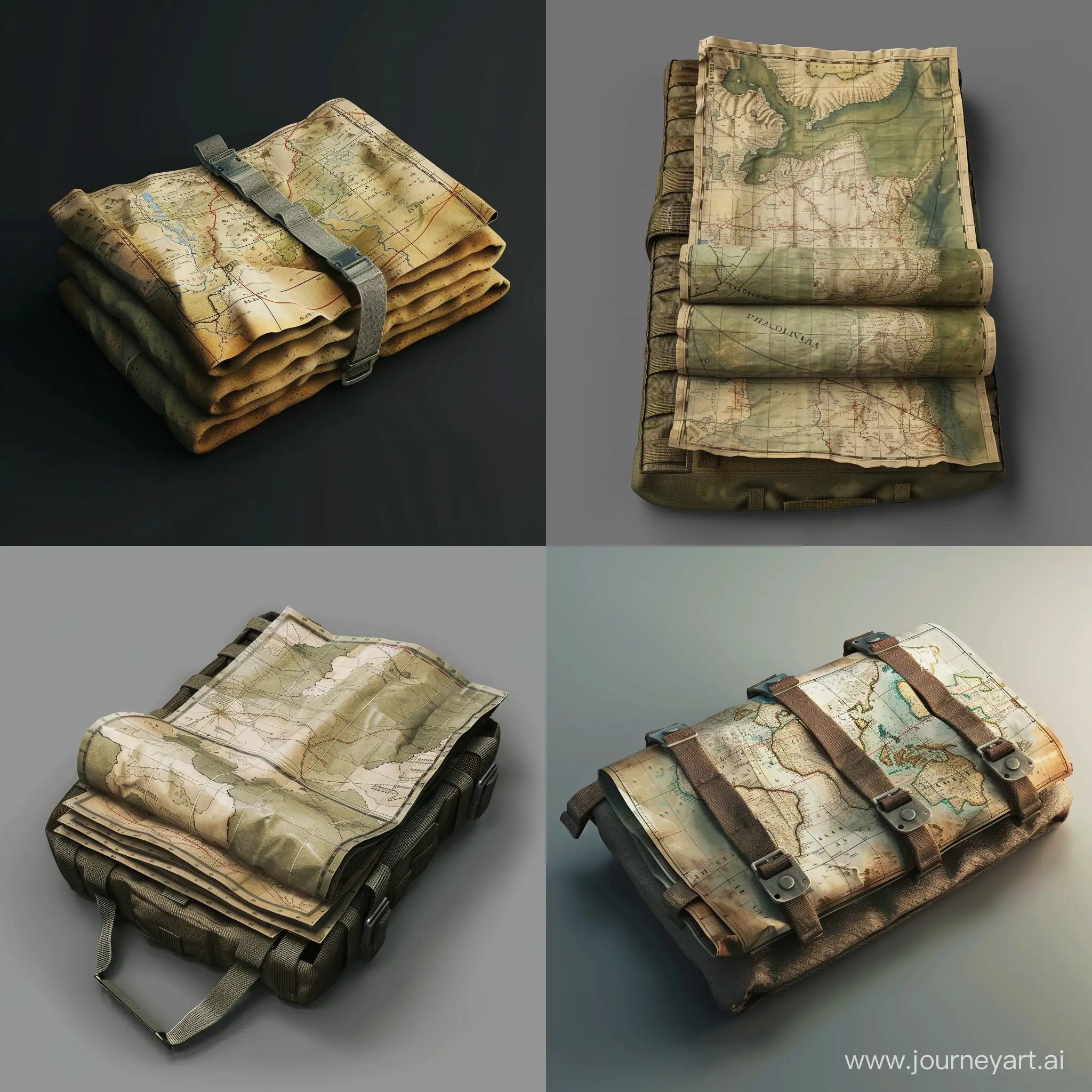 old military maps folded paper isometric in tactical military pouch realistic 3d render