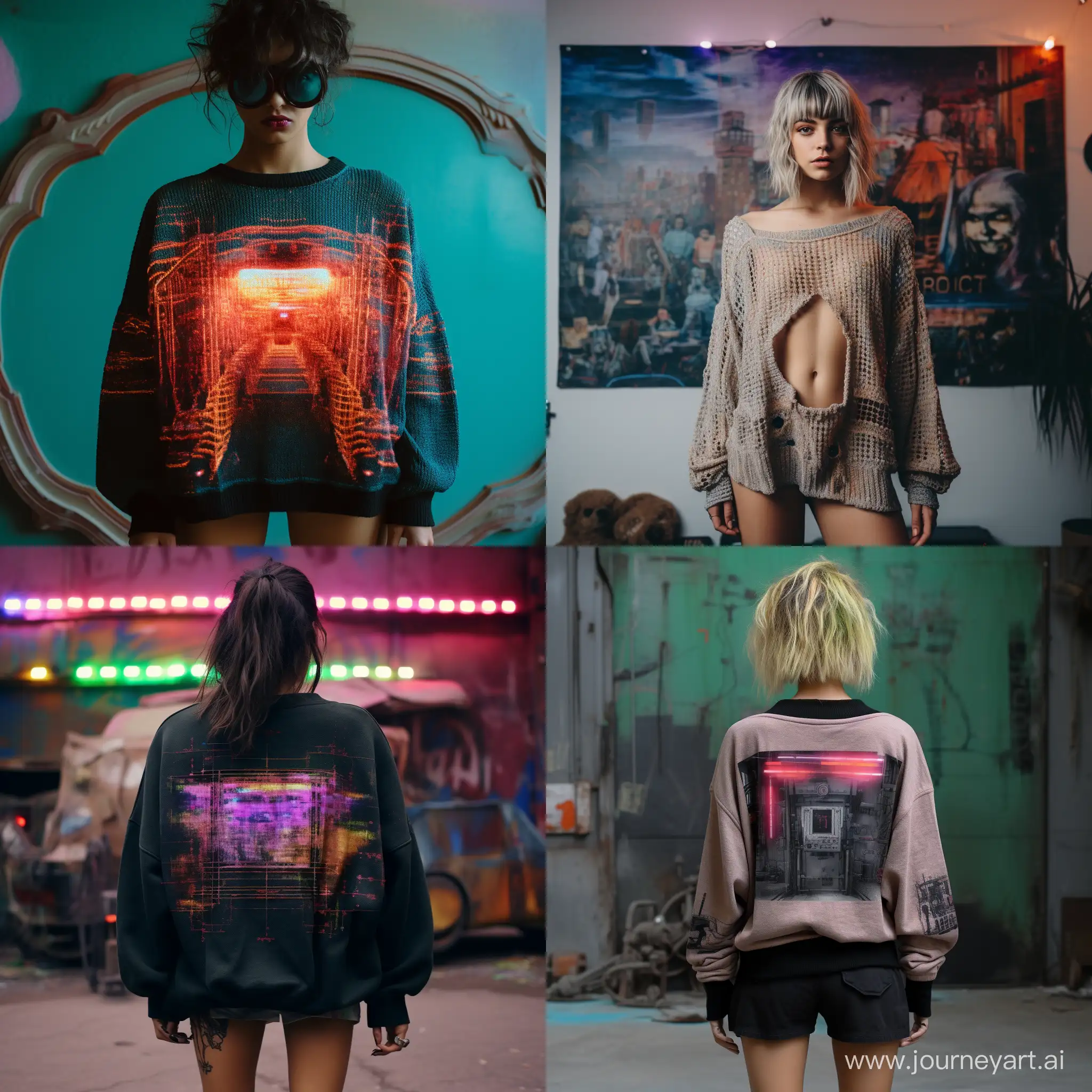 A photo of an oversize knitted sweater with a flat image on a sweater where a computer controls the world, the image is connected from threads, it subdued every person and plant, the punk style of the 80s, cyberpunk films, without people in the picture