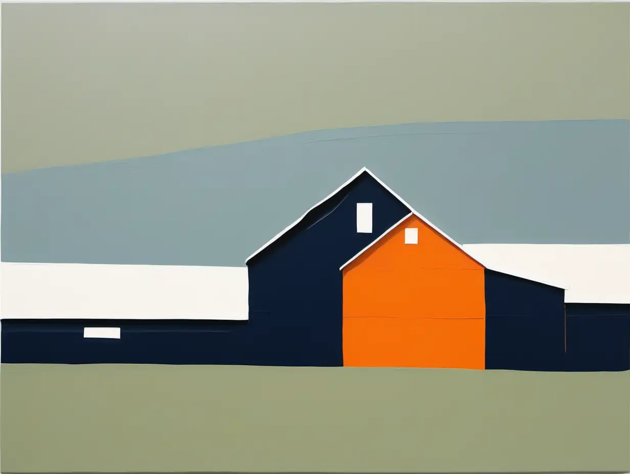 Abstract Minimalism Barn Oil Painting with Sage Navy and Orange Color Palette