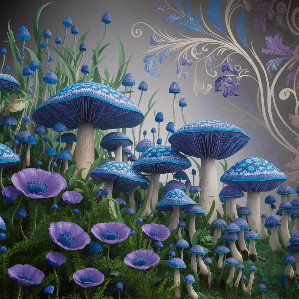 mushrooms and poppies in william morris style with blue and purple tones