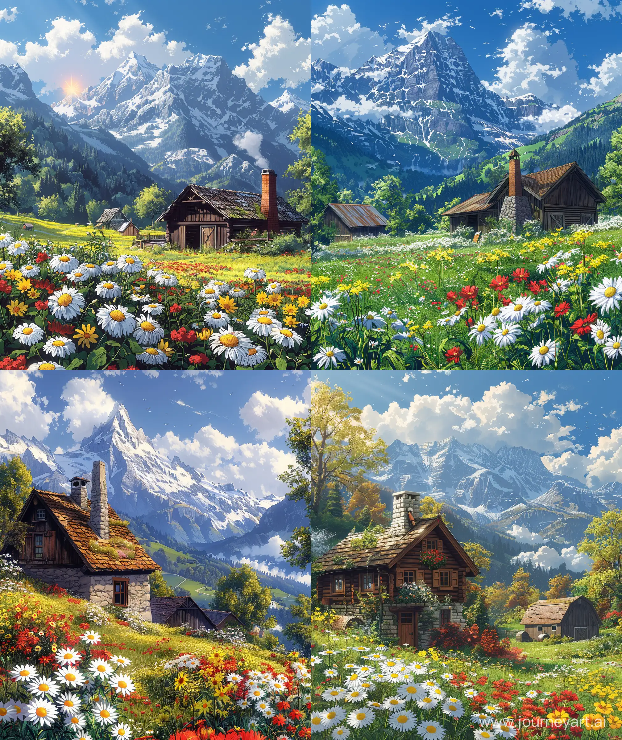 Beautiful anime scenary,mokoto shinkai style, Switzerland charming cottage, chimney, spring upcomming, beautiful white , yellow, red flowers , morning look, barn beside cottage, mountain background, sun showing, clouds, breeze, illustration, close up view, ultra HD, high quality, sharp details, no hyperrealistic --ar 27:32 --s 400