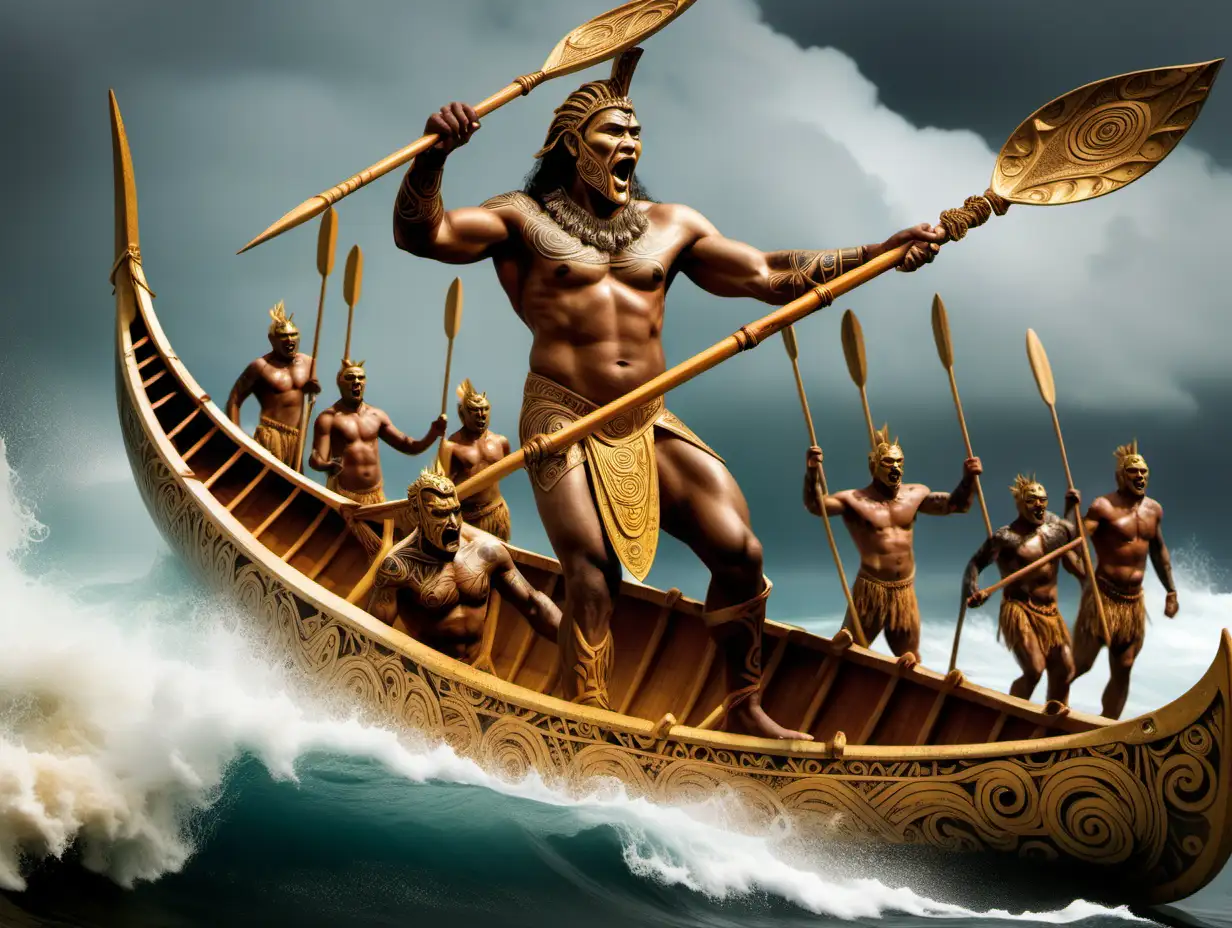 Warrior God  dressed in Gold Loin cloth maori tatoo on his face and body large stature with a Spear in his hand on a war canoe with thousand of warriors rowing their canoes 
following behind him
large crashing waves around them
