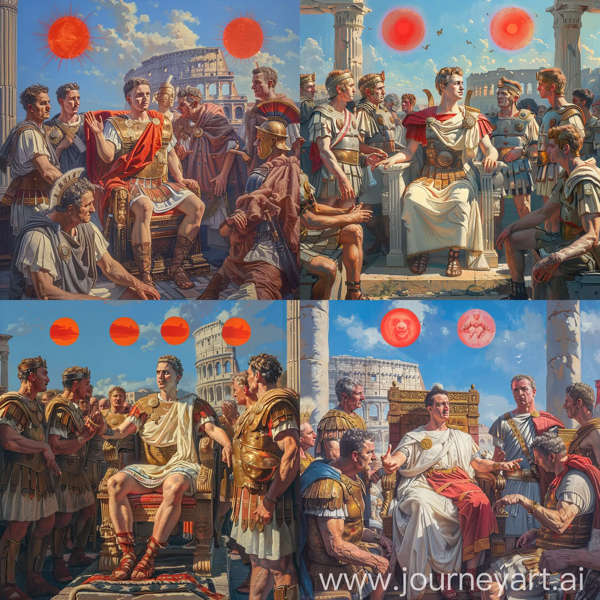 Historic painting style: 

An young 40 years old's Julius Caesar is sitting on his imperial throne in the middle, he is confident and elegant.

Other Roman praetorian guards and legionaries are next to Julius Caesar, they are greeting Julius Caesar.

The background is ancient Rome Colosseum behind far away, three red suns in the blue sky.