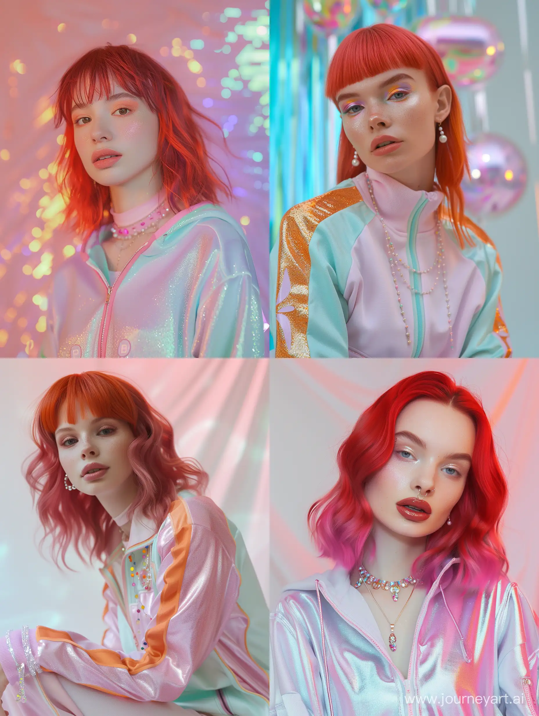 young woman with bright crimson hair, slight smile. luxuriously dressed in a pastel-colored tracksuit, cute hairstyle and candy jewelry. with shimmer effect, sequins, 32k UHD. V6
