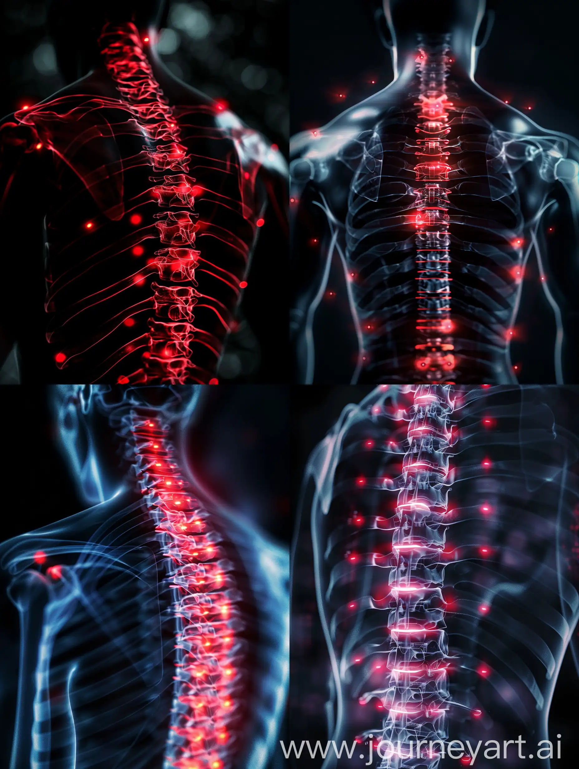 a x-ray photo of human male back,focus under neck to thights,red lights on the backbone, --ar 3:4