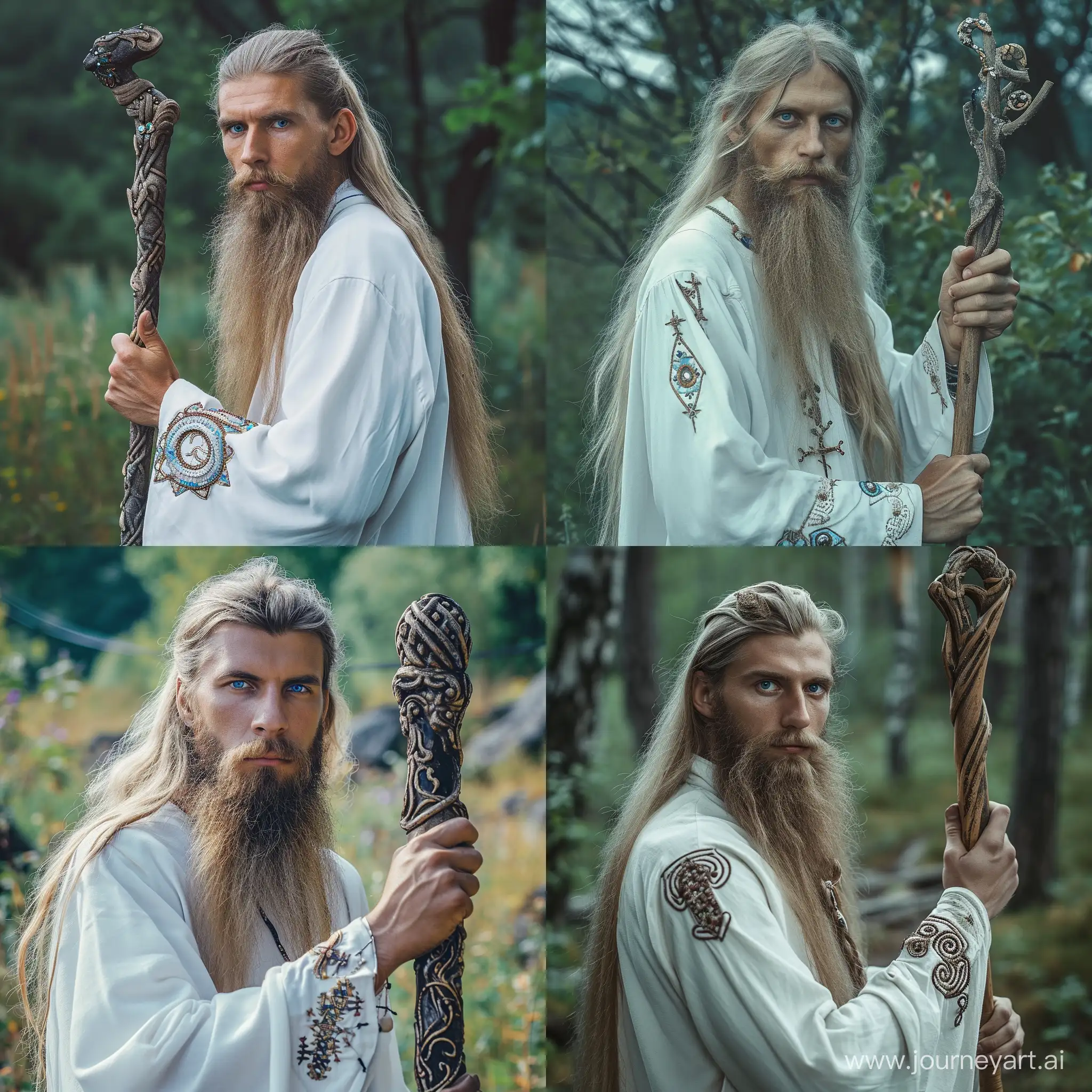 мужчина славянской внешности, длинная светлая борода и длинные волосы, глаза тёмно-голубого цвета, в руке держит посох, одет в белую одежду, необычные украшения на рукавах, на заднем фоне природа --style raw