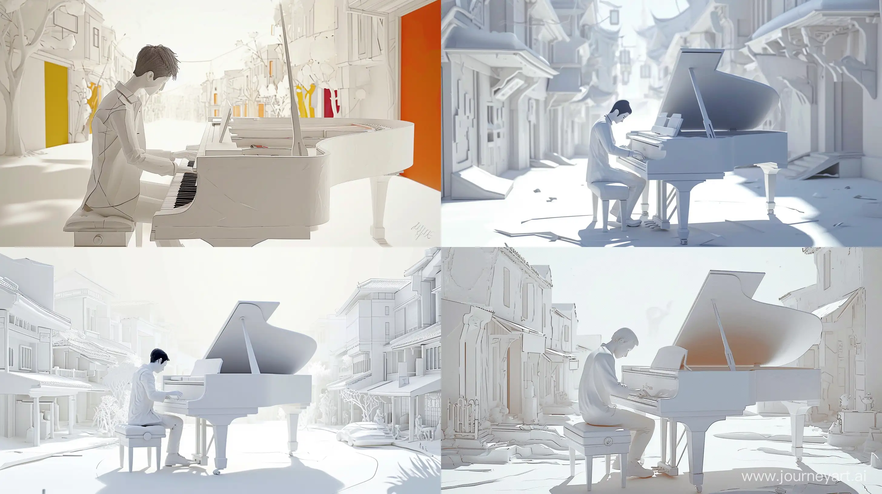 a painting that has white pianist playing white piano in a white setting, in the style of chinese ink paintings, colorful animation stills, shang dynasty, lively street scenes, flowing forms, traditional animation, Lin Fengmian --ar 16:9 --v 6.0