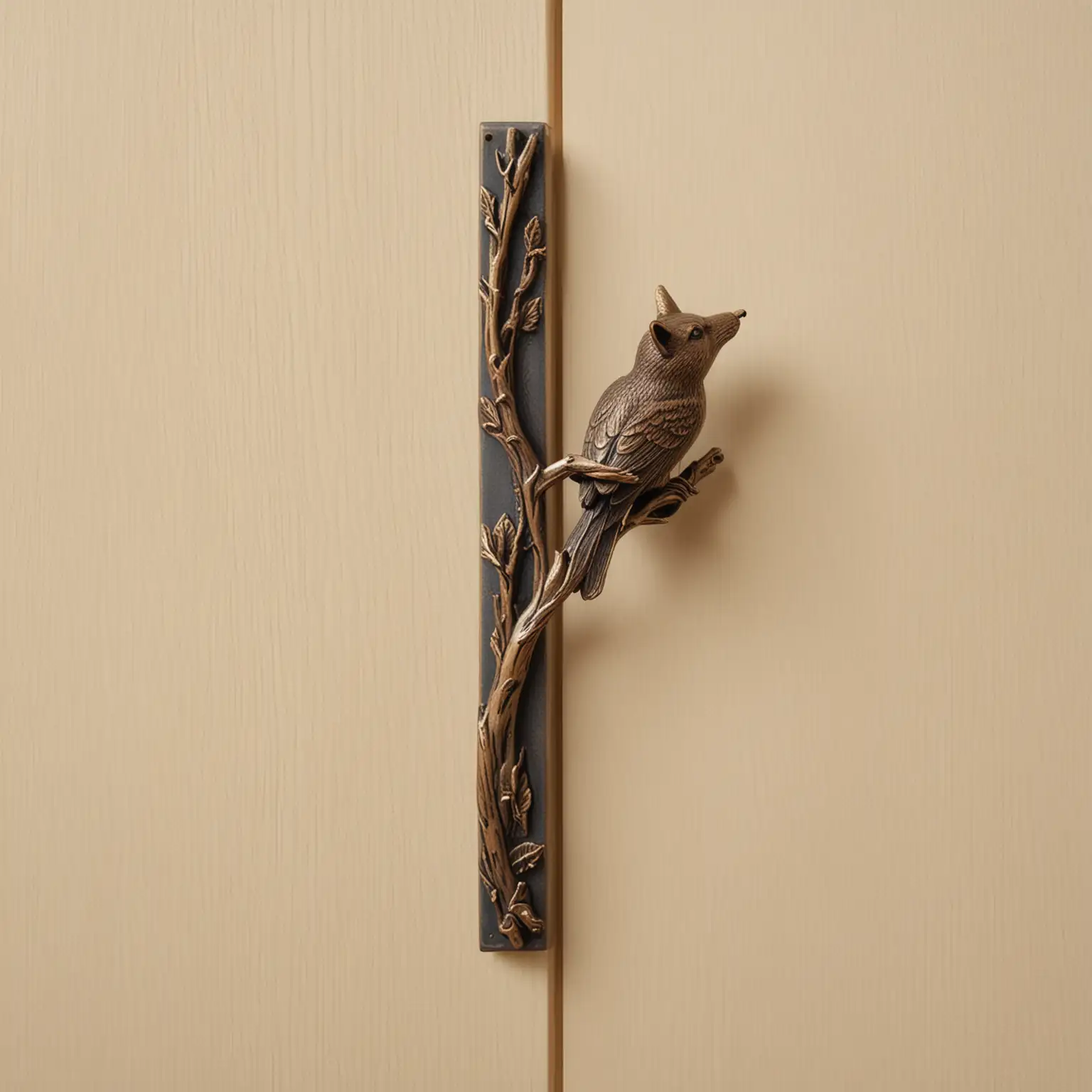 Cast in metal, a cabinet door handle in the shape of a simple branch is attached at two vertical points to the cabinet door. A woodland animal is perched on the branch.