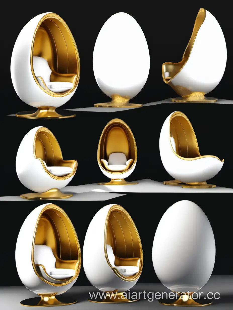 кресло в виде яйца с полками для книг, снаружи белое, внутри золотое 4 перспективных вида