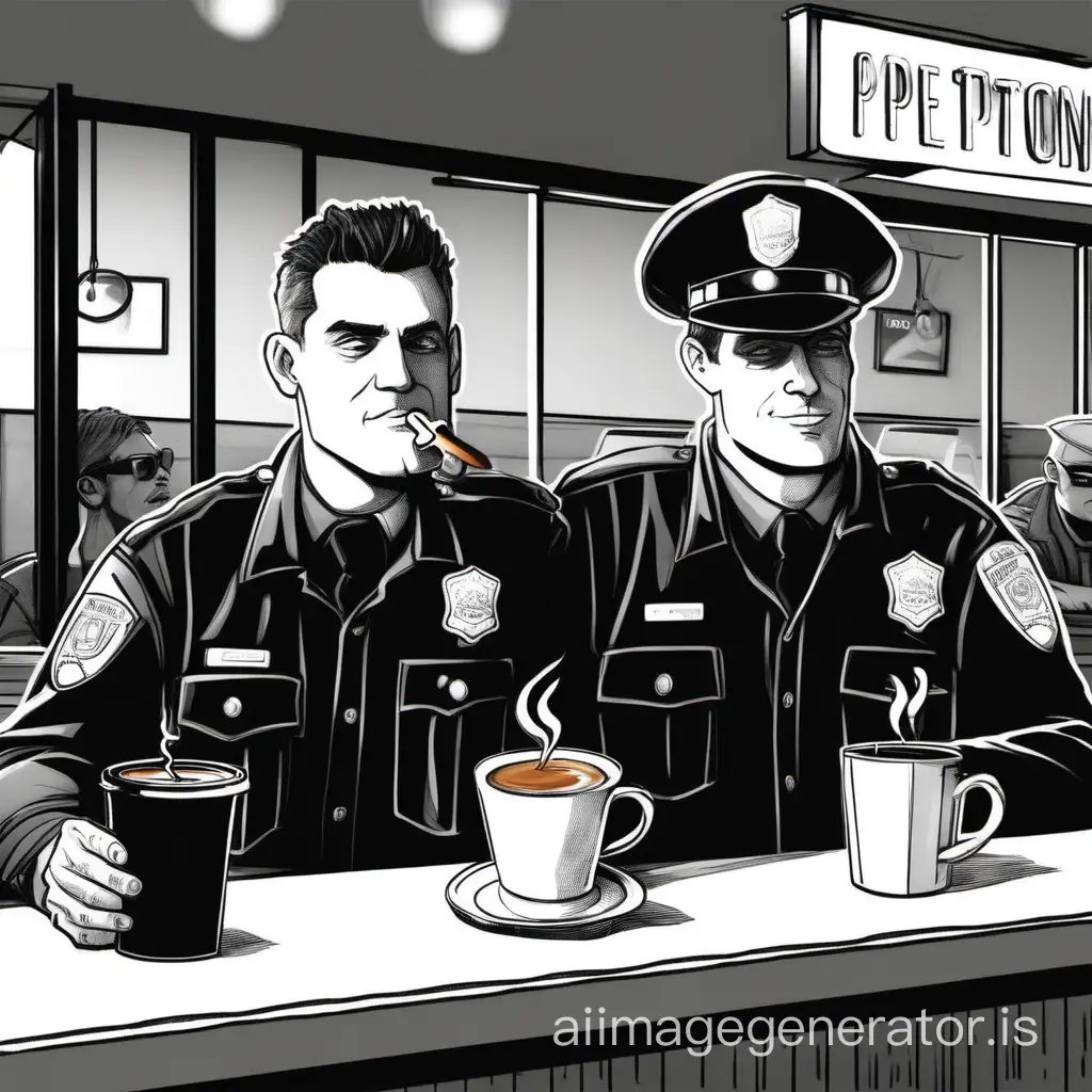 A cop drinking coffee with his friend Toby, they are seating and drinking coffee on the bar