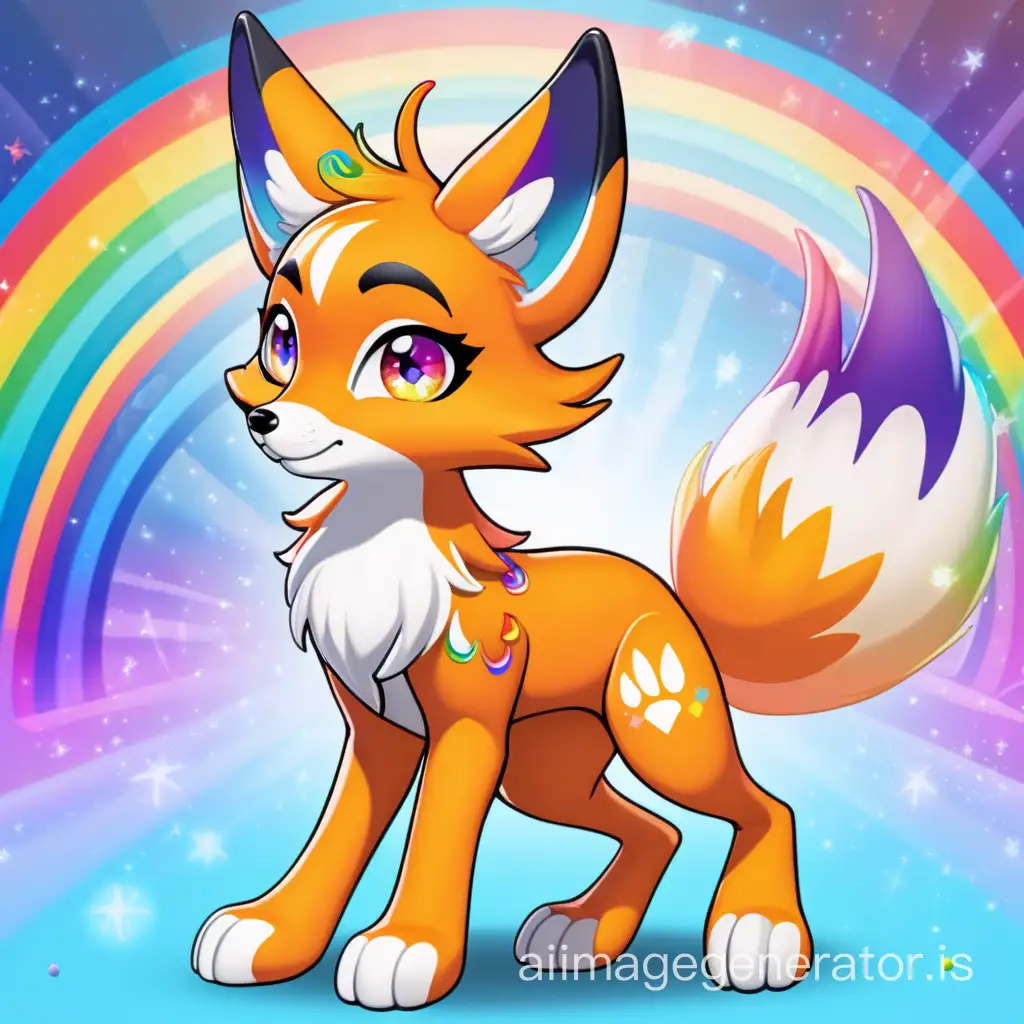 An anime cartoon of a bright orange fursona fox with a rainbow tail avatar, a colorful background, rainbow wings, rainbow horns, and rainbow eyes, with even bigger wings, more detailed fox features, and standing on the background instead of sitting