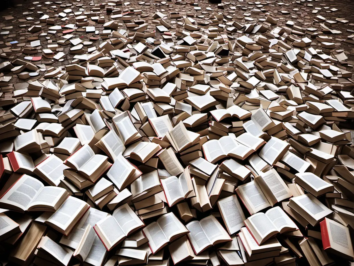 Library Table with Scattered Books Knowledge in Disarray