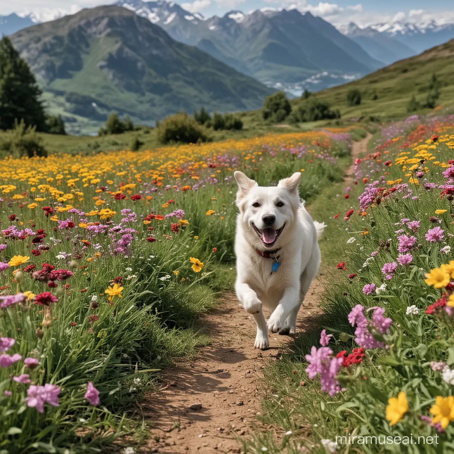 Joyful Dog Playtime Amidst Vibrant Wildflowers