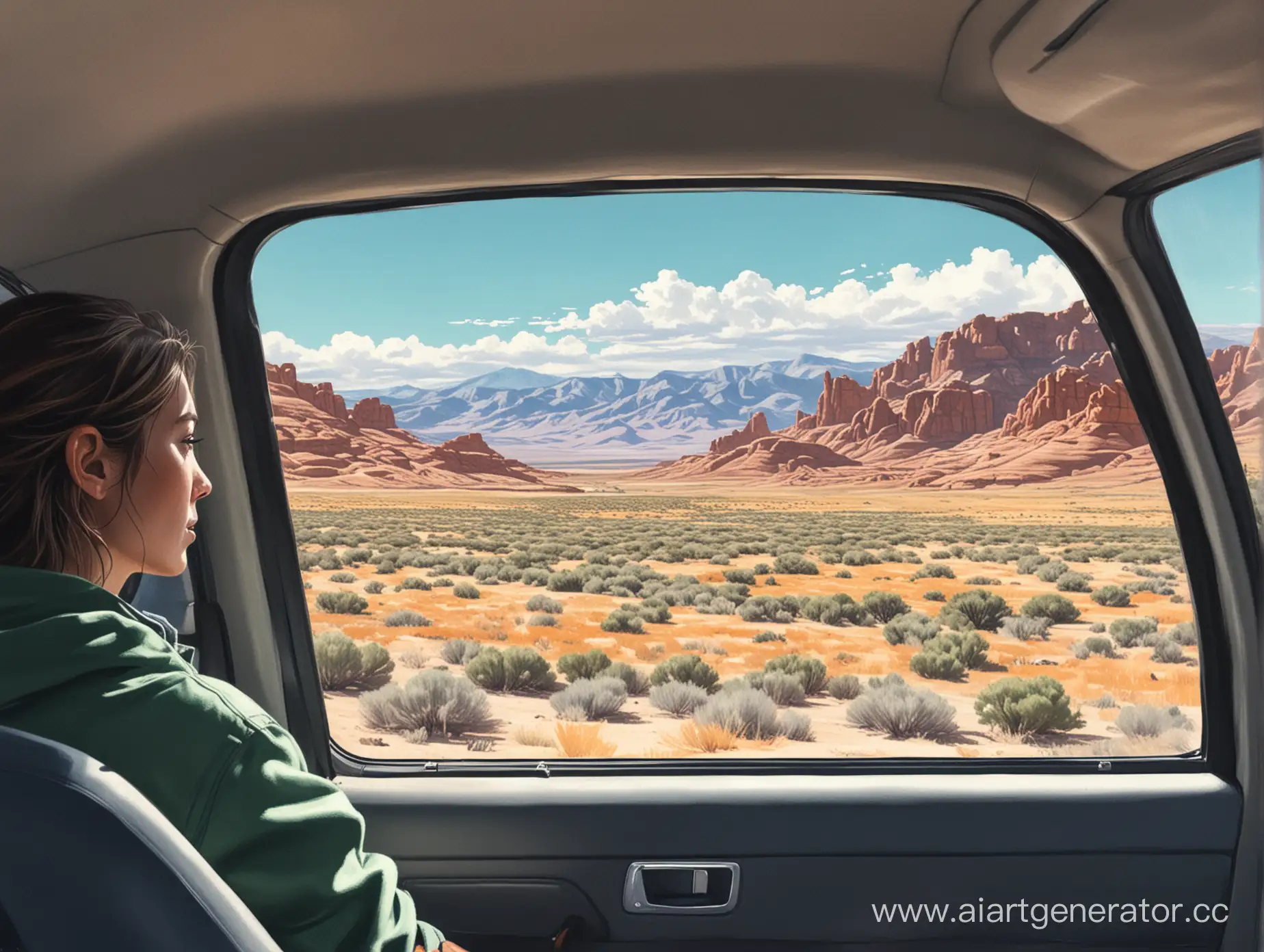Illustration of a person in a car in the passenger seat. The Nevada landscape is outside the window