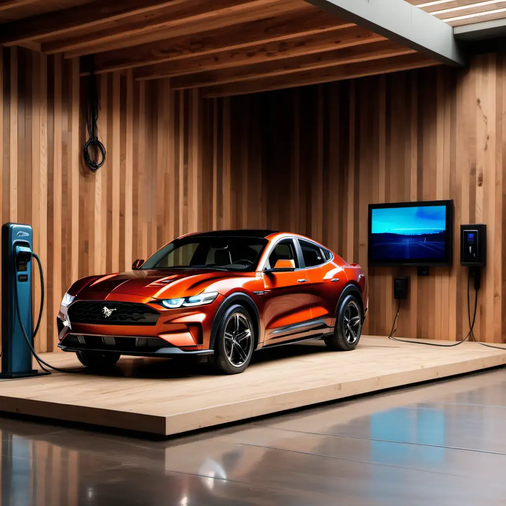 Electric Mustang MachE Showcase with Wooden Backdrop and Charging Station