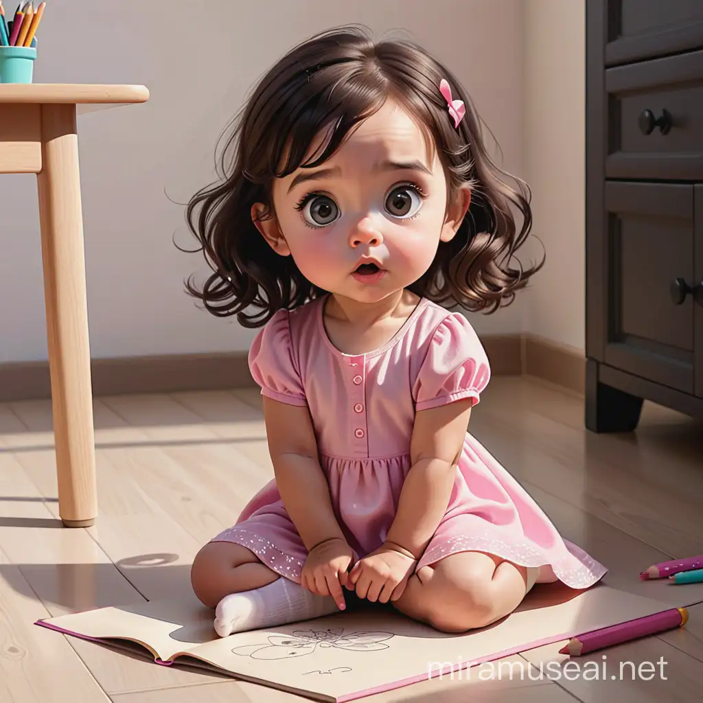 cartoon of A surprised female kid have a 3 years old , white light skin, dark brown big eyes, very dark brown hair, pink dress, sitting on the floor and drawing on the floor while looking to her draw. 