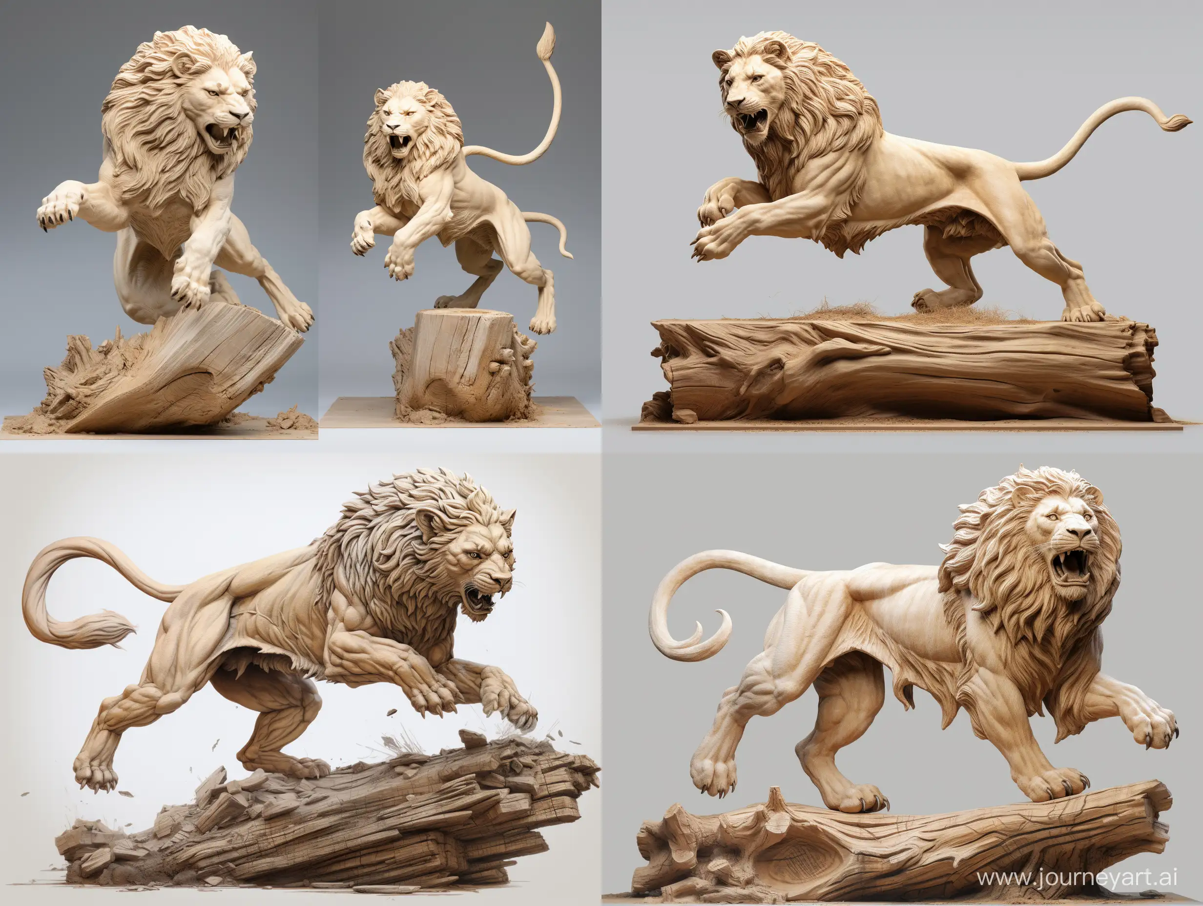 Professional wood carving sculpture sketch, life size Panthera leo jumping over a large wooden cube, concept art, dynamic character, front, back and side view, wood carving, 3d, Artstation, white background, 8k render, ultra realistic