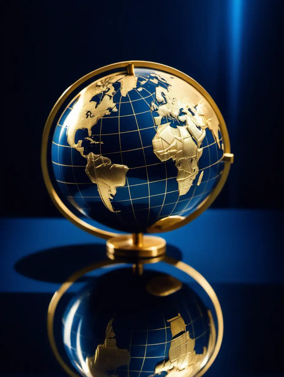 professional film photo of financial transactions in gold. show a globe. reflection. dark blue theme.
