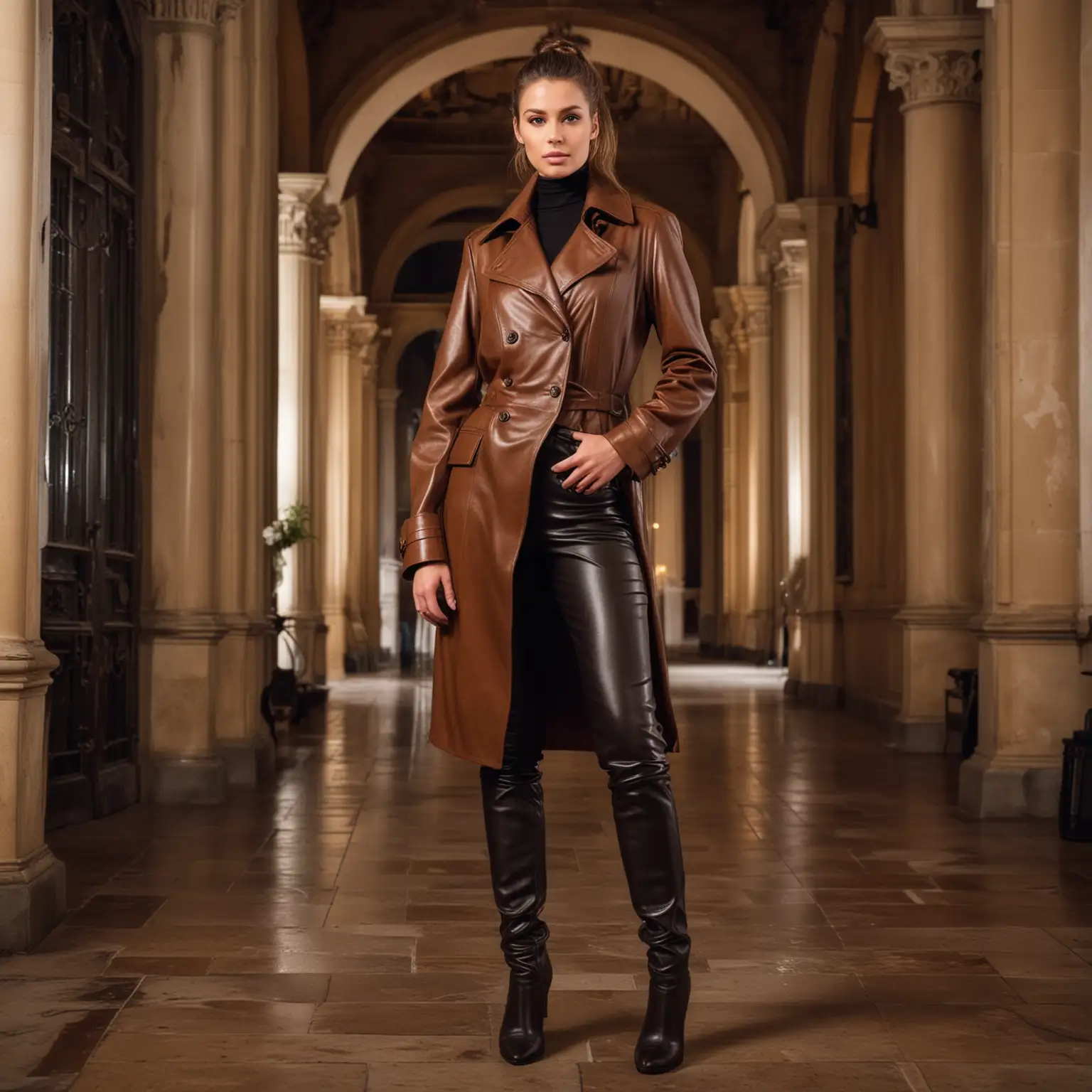 A tall, pretty brunette lady, wearing a classic brown leather long coat, leather pants and high heeled boots,  standing in an old classic palace, at night, her hair in a ponytail