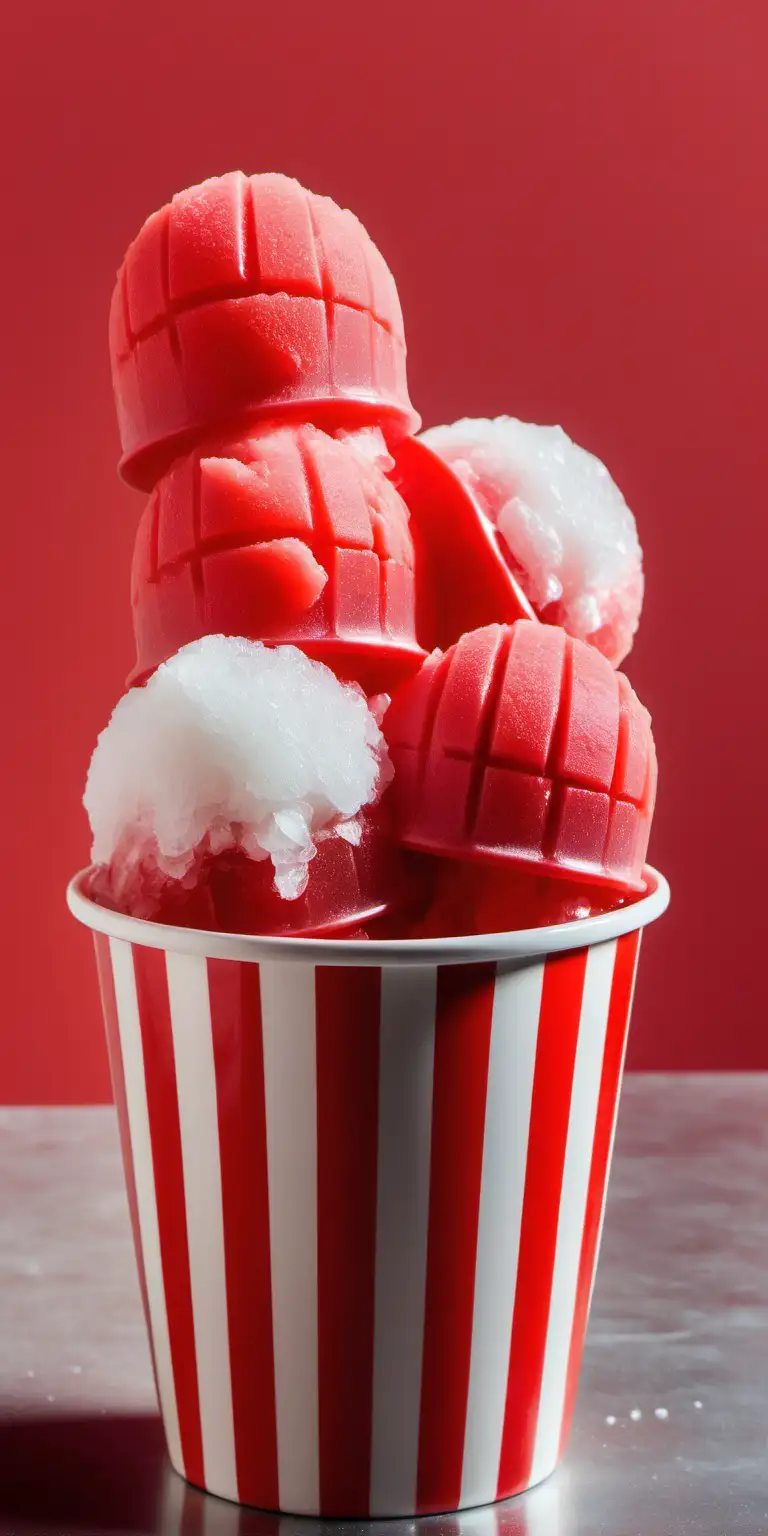 Create an image of red Italian ice scoops in a striped cup