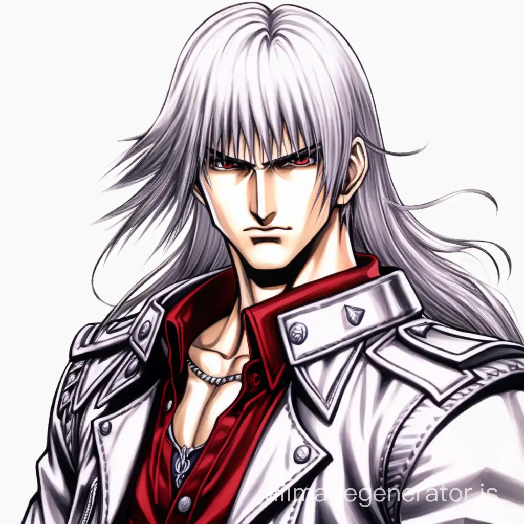 Create Dante from Devil May Cry with long hair in the style of the anime/manga Berserk in third person