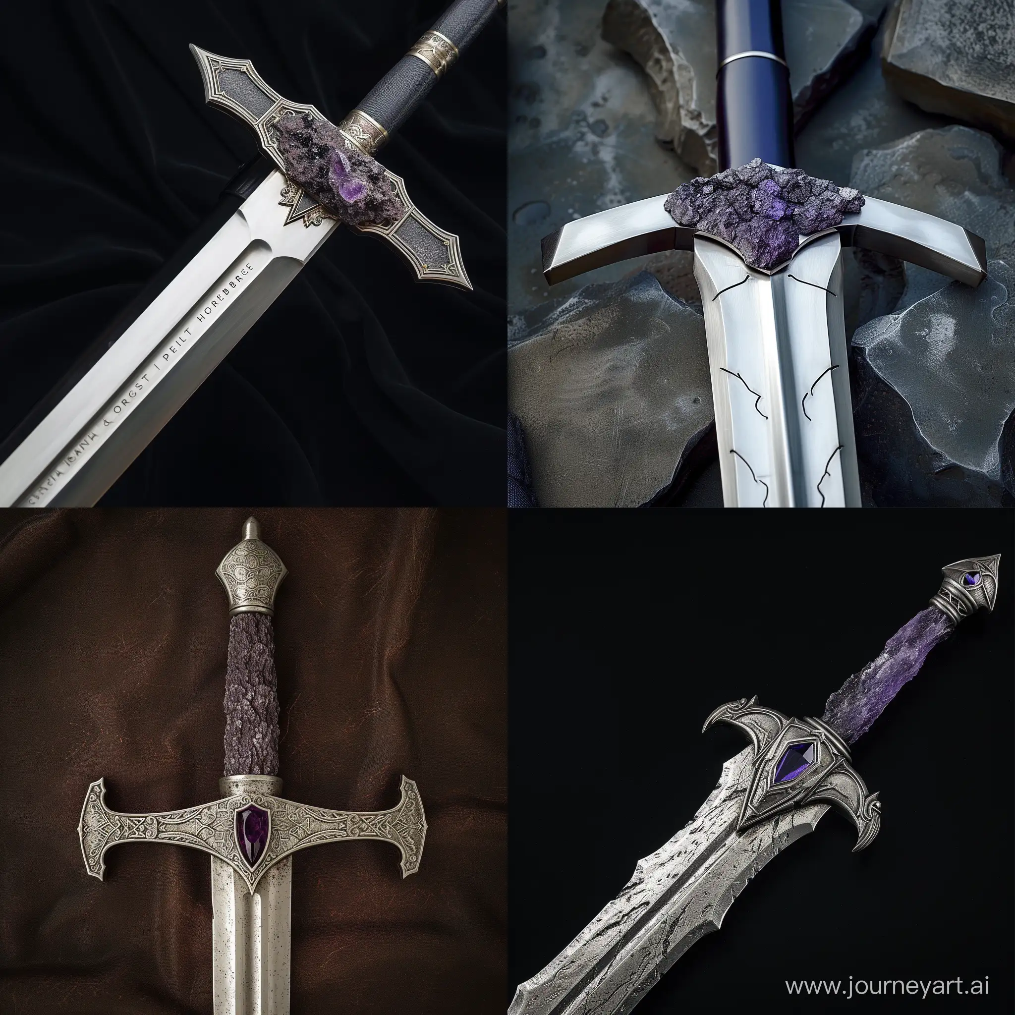 A flameberge sword ,with a rough dark purple stone in the guard