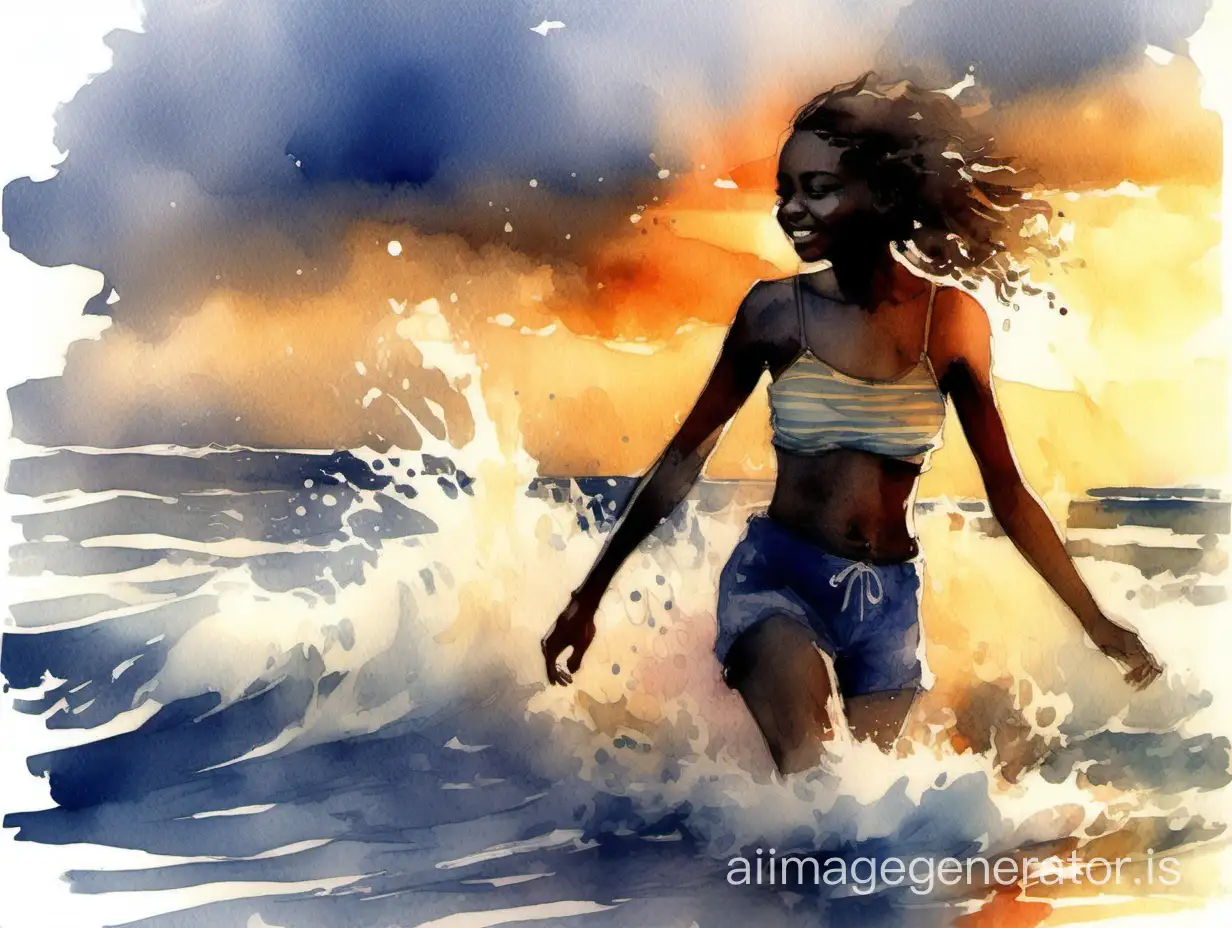 Watercolor sketch. A happy beautiful dark-skinned 18-year-old girl comes out at sunset from the waters of the warm sea to the shore. Joy, sunshine, splashes, beautiful waves and clouds. A masterpiece of watercolor in the style of La Fe, Igor Sava, Marya Koskiniemi, Liu Yi. Aerial watercolor, streaks, splashes, streaks
