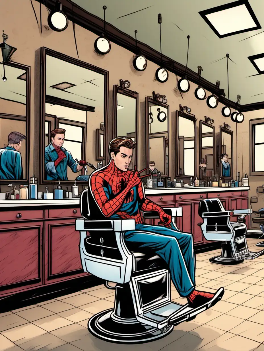 short-haired barber cuts a peter parker in a barbershop