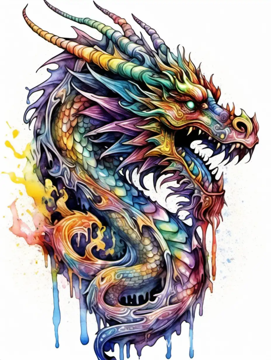 2024, ethereal Bohemian front head of majestic dragon, high multicolored watercolor dripping ink, ornate 2024, detailed illustration, octane render, street art, sticker style, white background, 