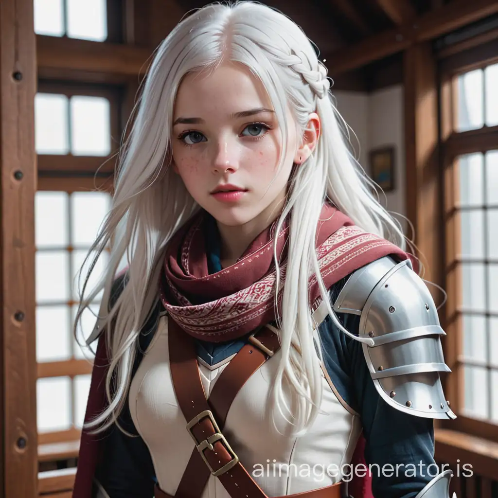 Freckled-Warrior-Maiden-with-White-Hair-and-Armor-in-Indoor-Setting