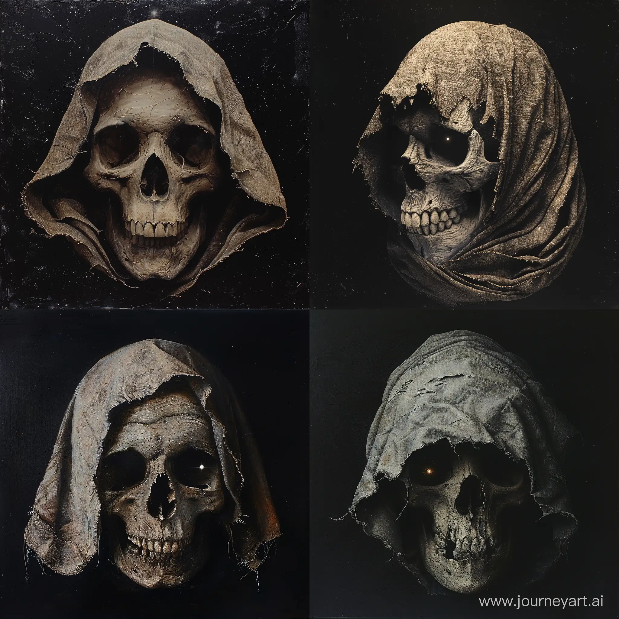 Eerie-Hooded-Skull-on-Worn-Black-Background