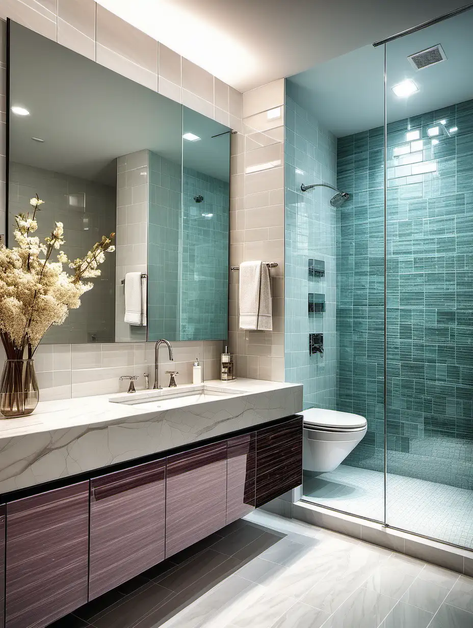 Editorial style photograph of luxury bathroom with glass tile wall with  vanity and natural light,  8k resolution