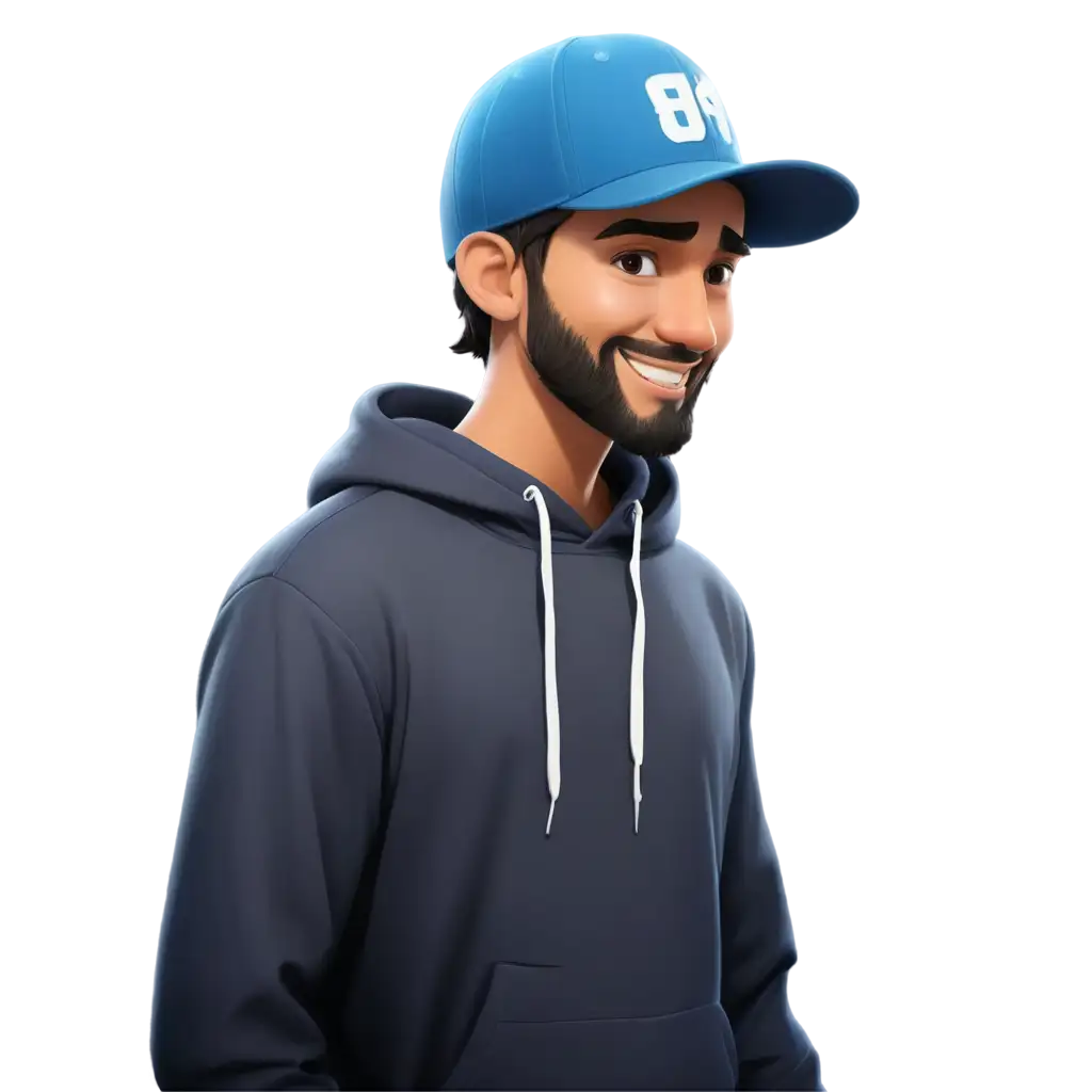 cartoon male character with a face bandana, backwards baseball cap and wearing a hoodie sweater