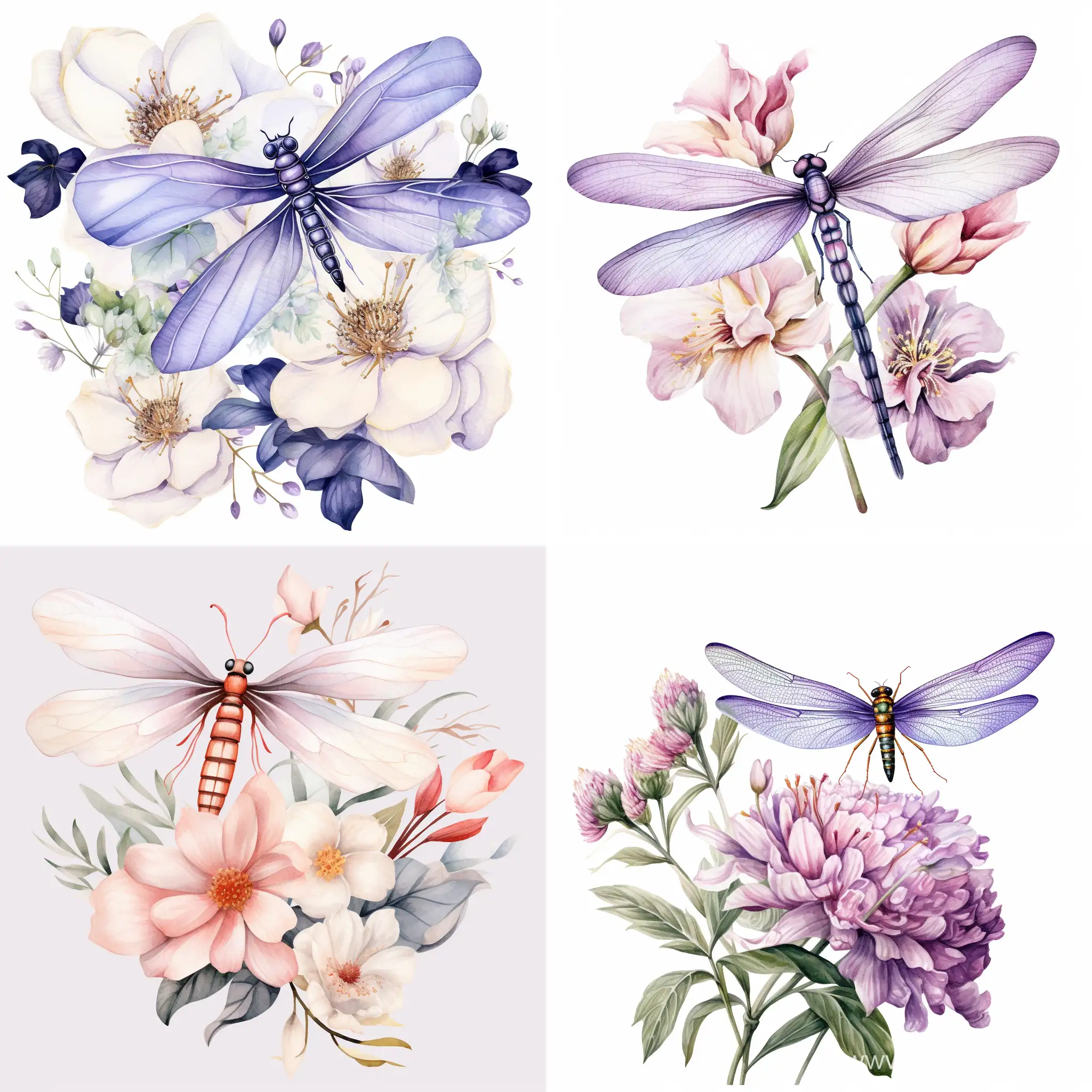watercolor Colorful Dragonfly with Flower clipart, white background, isolated on a clean white, 8k, png, watercolor style