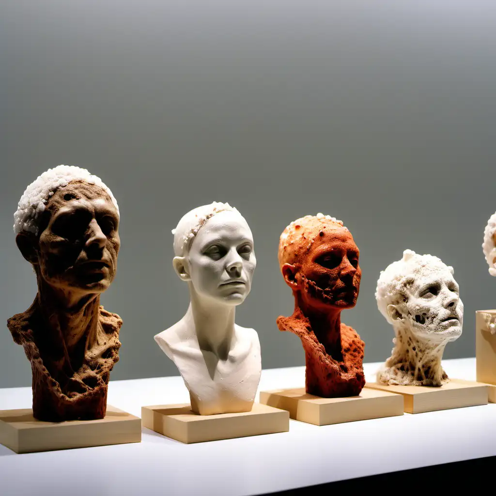 a lab displaying a few life-casts of people's busts made using mycelium, wax, borax crystals, roots and soil, plaster, silicone,  with an emphasis on material experimentation by showing samples of different materials. from really far. 



 



