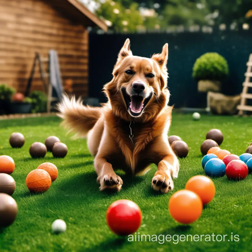 a happy dog in the garden living his best lifetime eating some treats playing with balls with his fur friends who have brown fur chewing the toy running away from his friend not to take away from him.