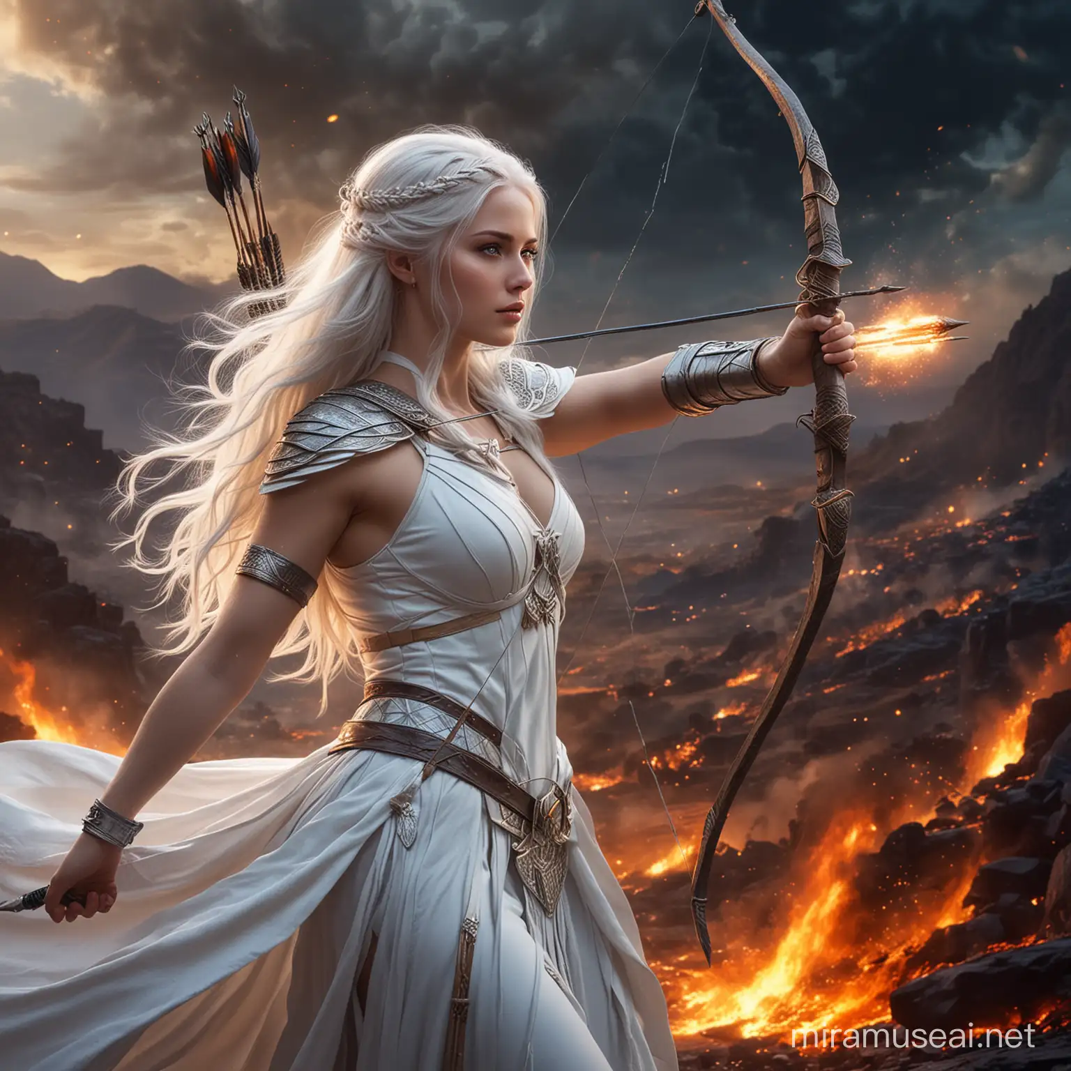 Diosa emperatriz hermosa joven de cabellos blancos largos y ojos azules vestida de blanco 
de  generala emperatriz ,con un arco y flecha y rodeada de fuego poder y energía cósmica, y de fondo un valle  tenebroso 
