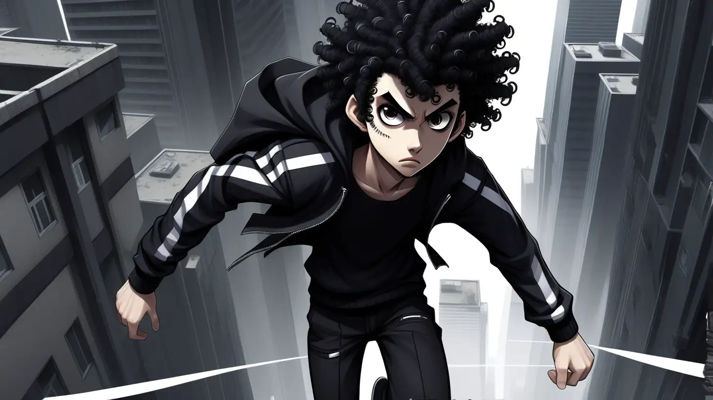 2d, anime, asian male, age 21, black curly hair, emo, thick black eyebrows, dark eyes, wearing black clothes with one white stripe, dystopian future, doomed city, running, top view