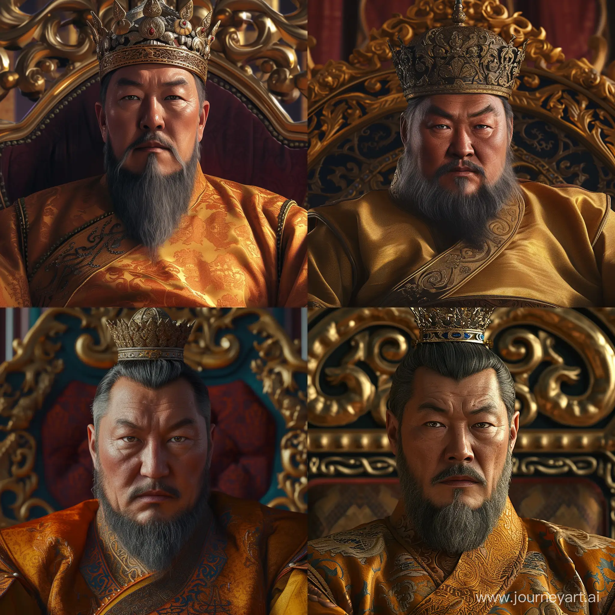 Turko-Mongol Khan sitting on throne. He is around 50 years old. He has gray-black shaped average beard and monolid asian eyes and short hair. He is wearing silk asian attire and a crown-hat. His face is sharp. His throne is luxury. He is at palace. Close up to the face. Realistic image