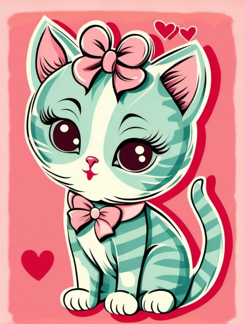 1950s vintage kitsch valentines day card, pastel colors, cute kitten, thick lines, vector illustration, big bow
