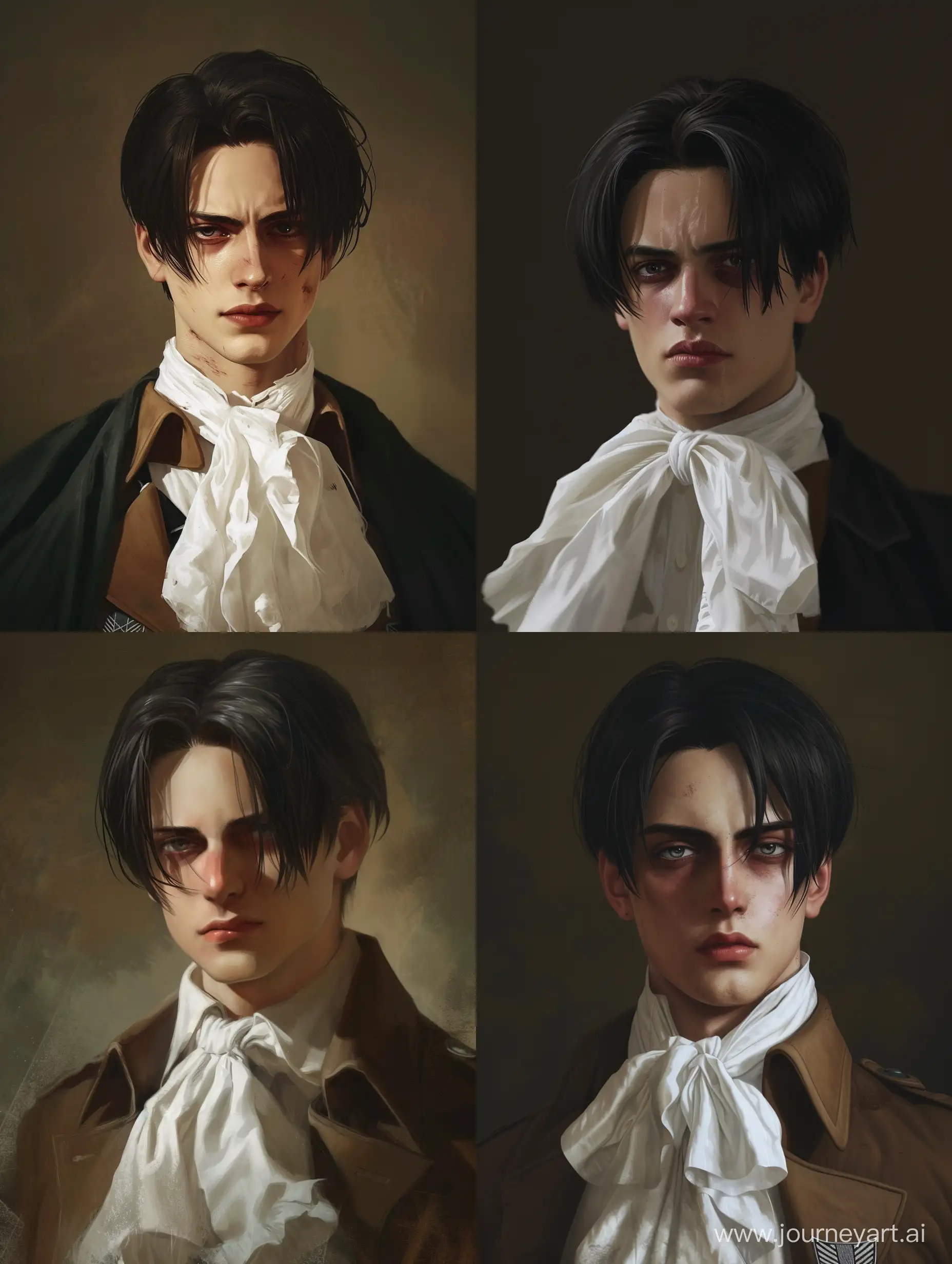 Realistic Levi Ackerman from Attack on Titan, in his 30s, with normal dark circles, slight mocking smirk, with white cravat