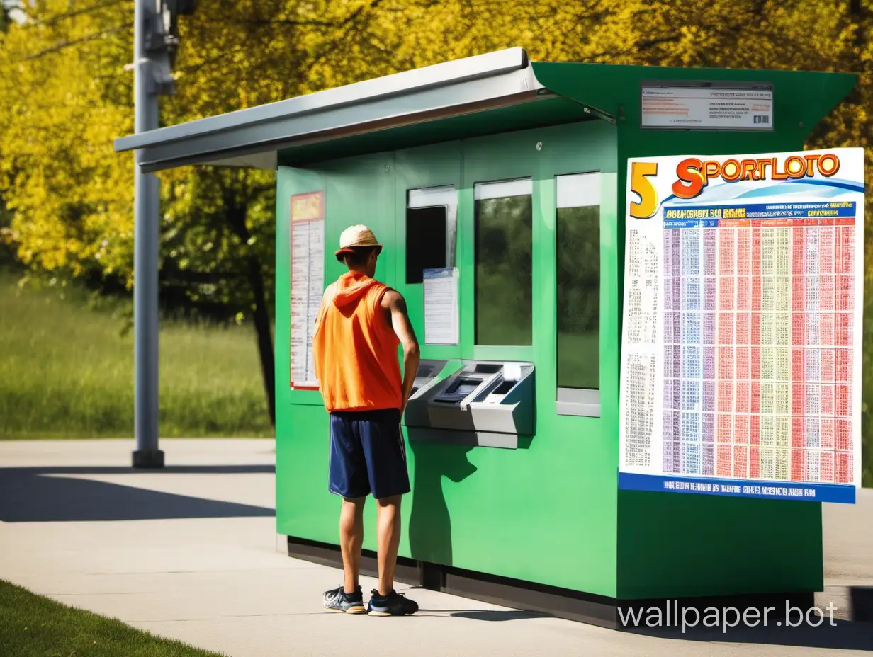 person with a lottery ticket, Sportloto kiosk, train in the background in summer, 