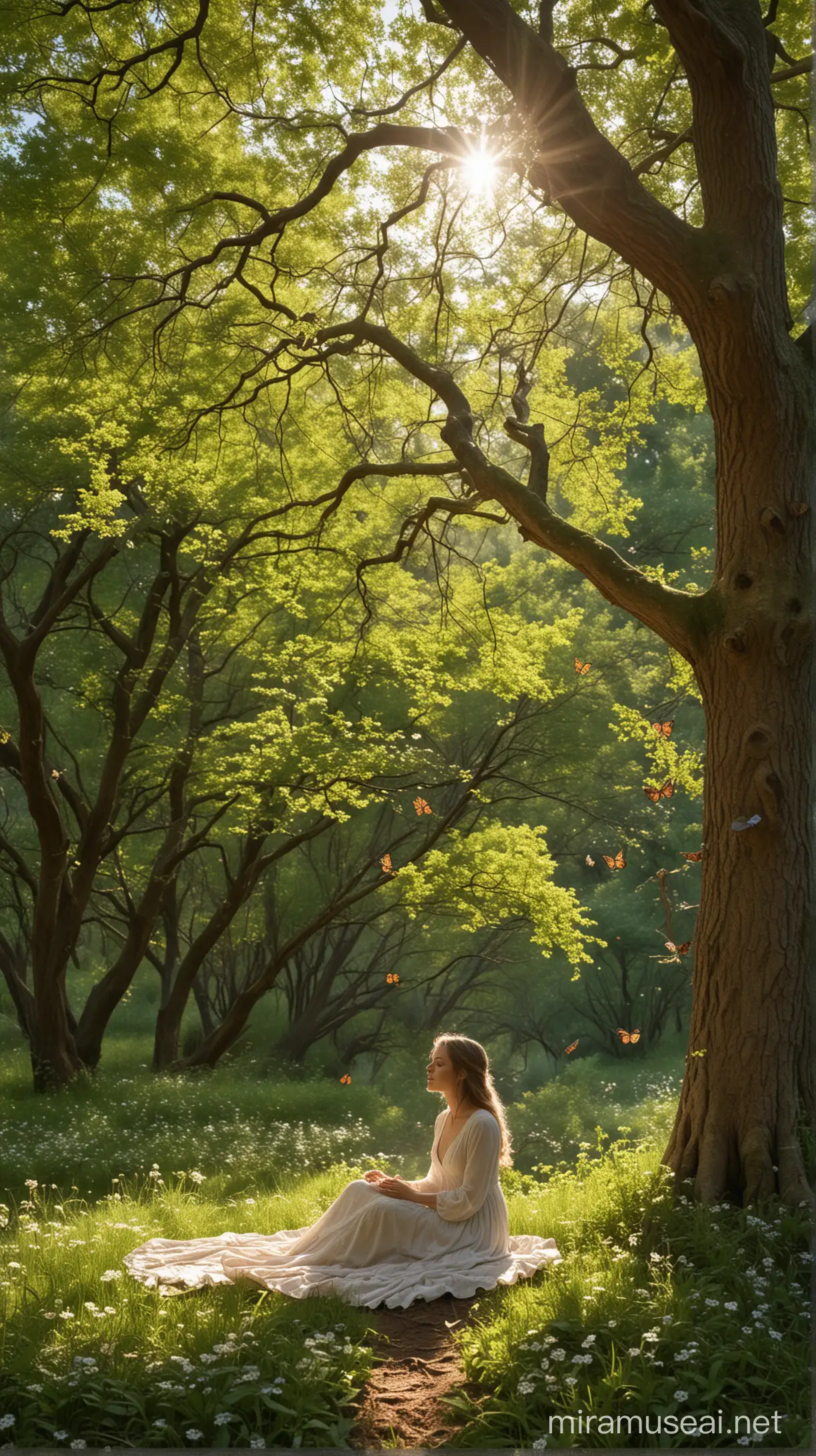 In an utopian forest filled with ancient oaks, a young woman sits under one of the trees, daydreaming. The scene is serene and idyllic, bathed in sunlight that filters through the leaves, creating patterns of light and shadow on the forest floor. Surrounding the woman are wildflowers, with butterflies gently floating in the air, and the distant sound of a spring brook can be heard. The atmosphere conveys a sense of peace and dreaminess, encapsulating the woman's simple, yet profound dreams amidst the beauty of nature.