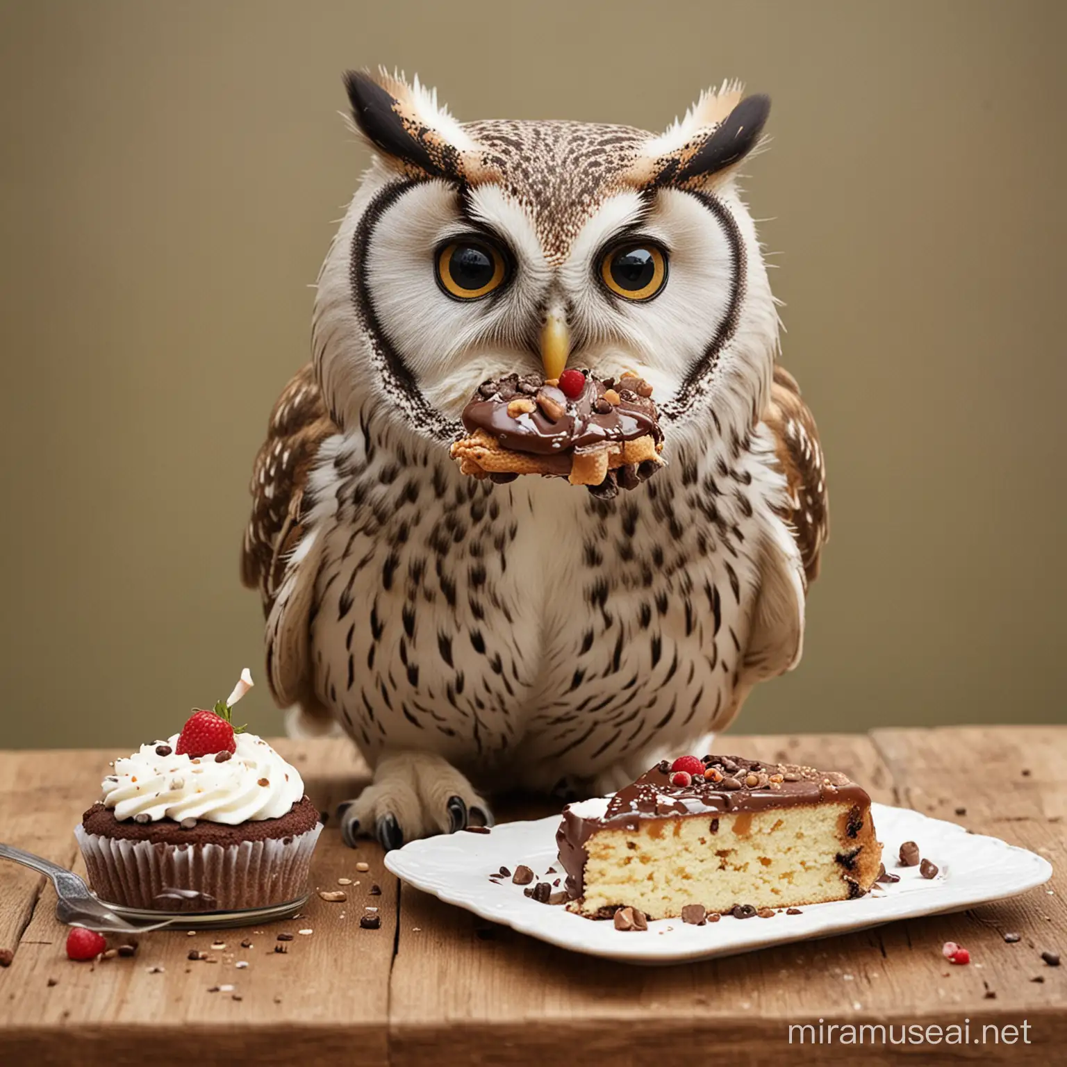 Hungry Owl Enjoying Delicious Cake