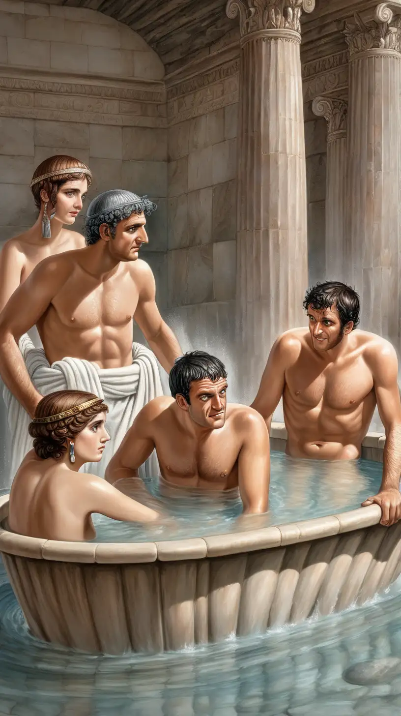 In ancient Rome, two men and two women bathe in a bath and are completely covered with clothes