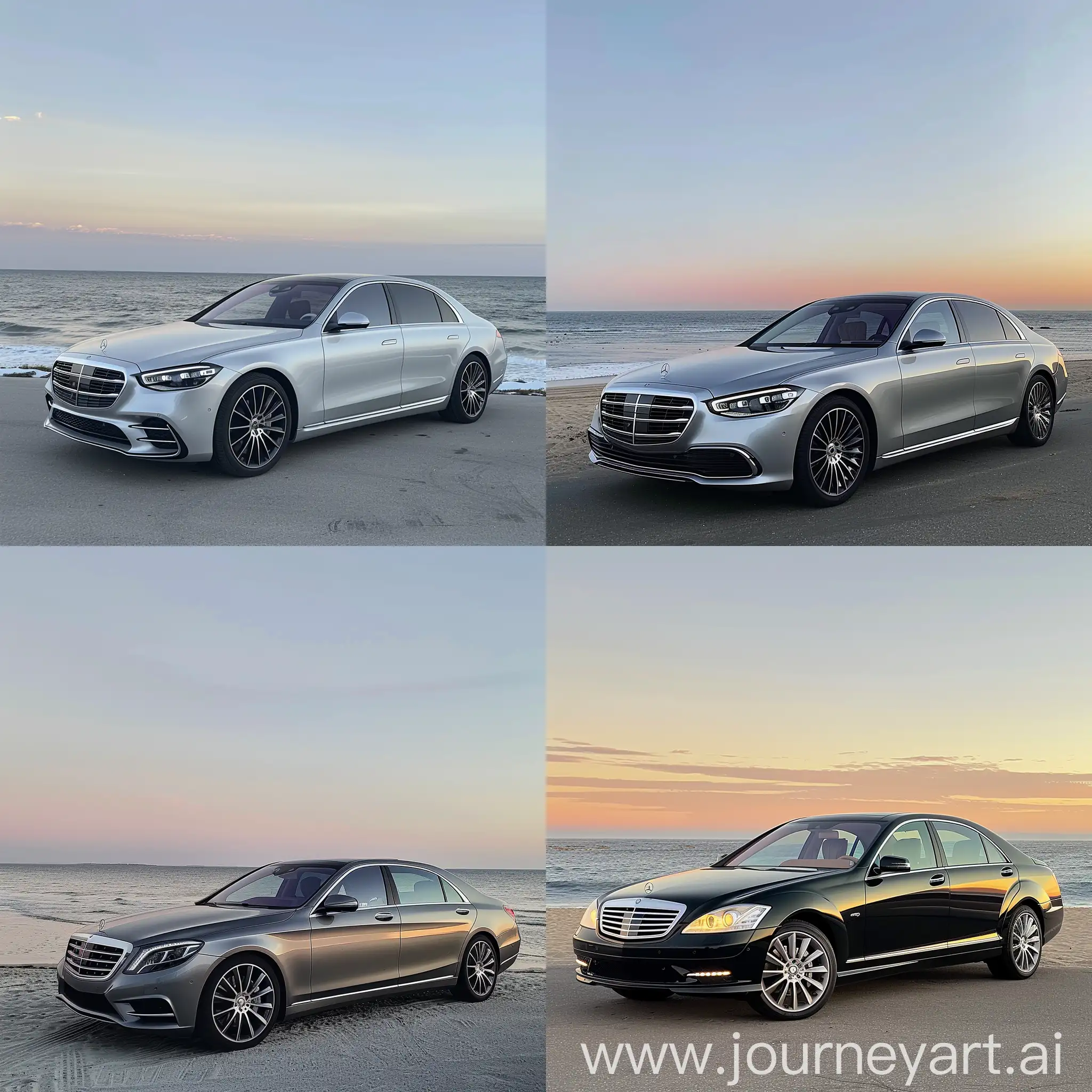 mercedes benz s500, is parked near the beach, The backdrop is a serene ocean under a clear sky, suggesting sunrise or sunset lighting.