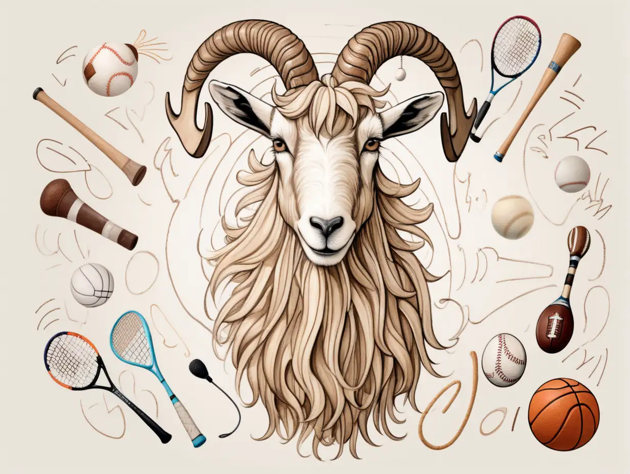 A billy goat with brown and cream hair is painted with imperfect lines and scribble. He is in the center on top of an off white background. There is a basketball, football, golf club, tennis racket, microphone, boxing glove, baseball bat, and lastly a condom 