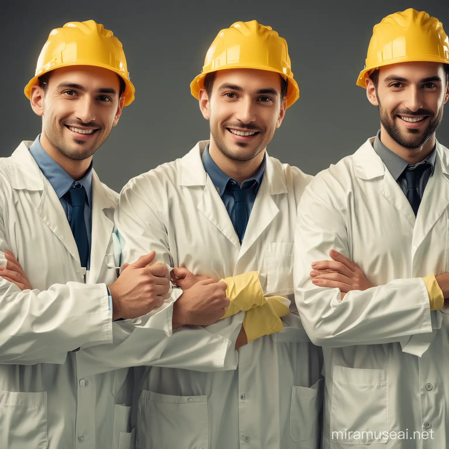 a group of men doctors wearing yellow safety cap