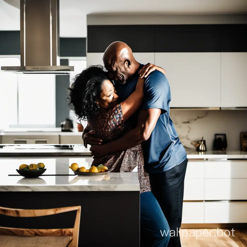 an African-American man consoling his wife with a hug in their ultra-modern kitchen