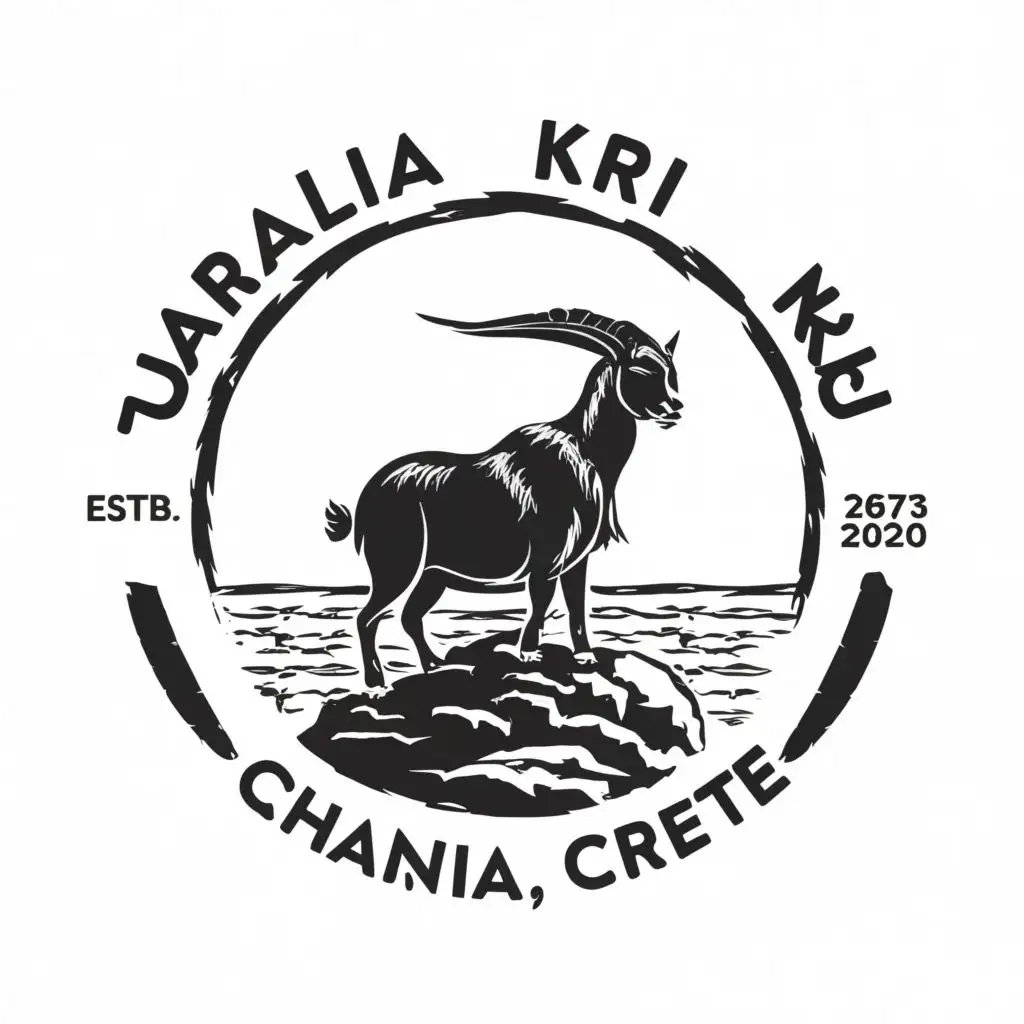 logo, Black and white logo of a majestic Greek mountain goat with two straight horns standing on rocks overlooking the beach, with the text ""Paralia kri kri" Chania, Crete", typography, be used in Retail industry